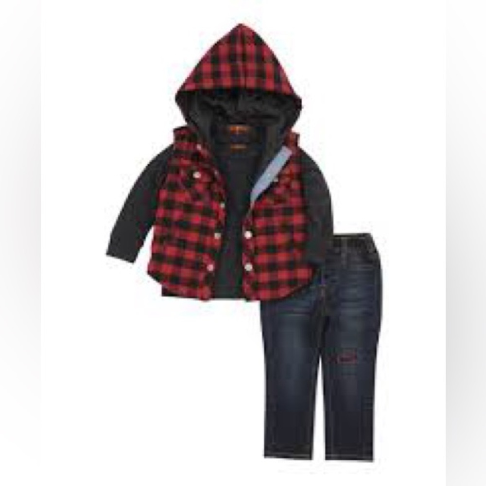 7 for All Mankind Hooded Vest Buffalo Check Red Black 12 months